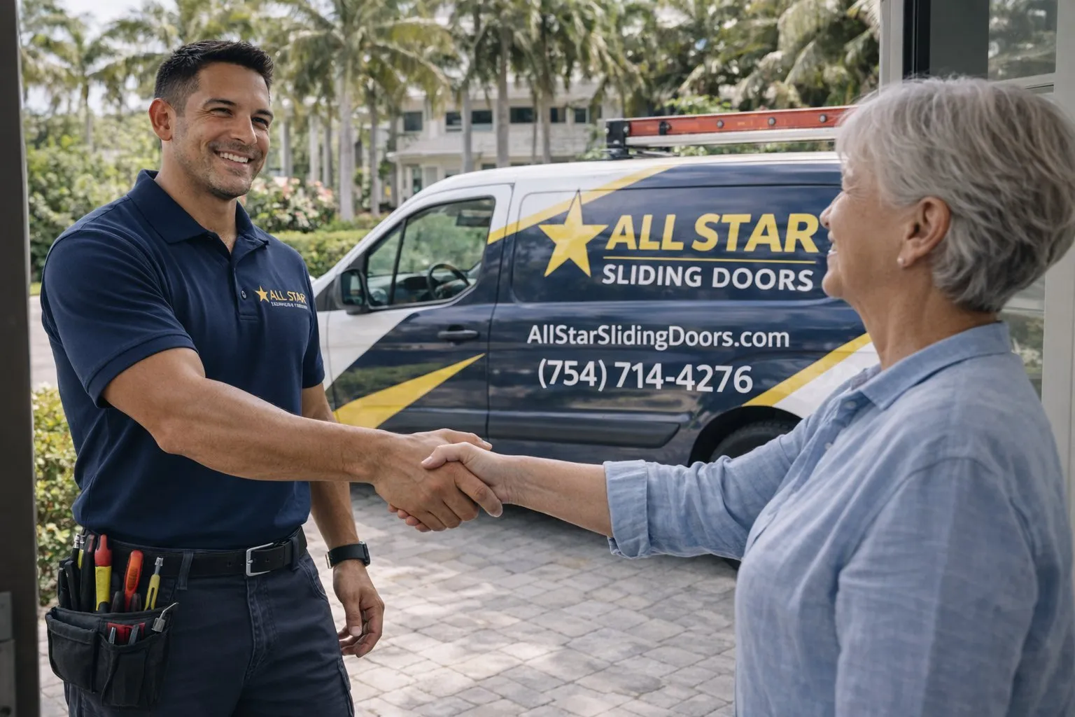 All Star Sliding Doors technician shaking hands with a satisfied customer in front of branded service van