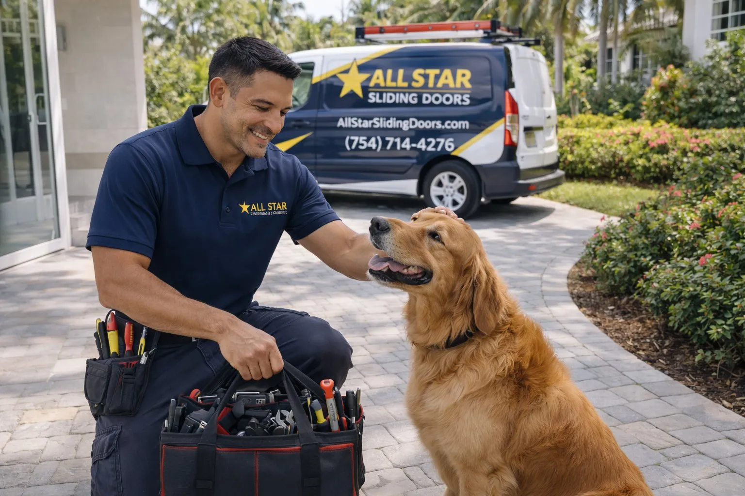 Friendly All Star Sliding Doors technician petting a golden retriever at a customer home in Broward County